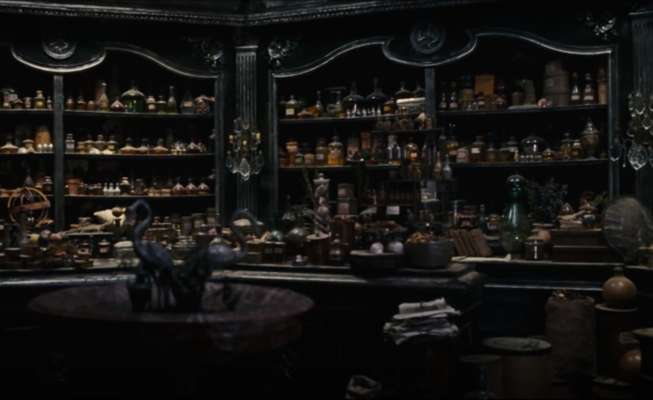 Interior set, apothecary shelves dressed with hundreds of props